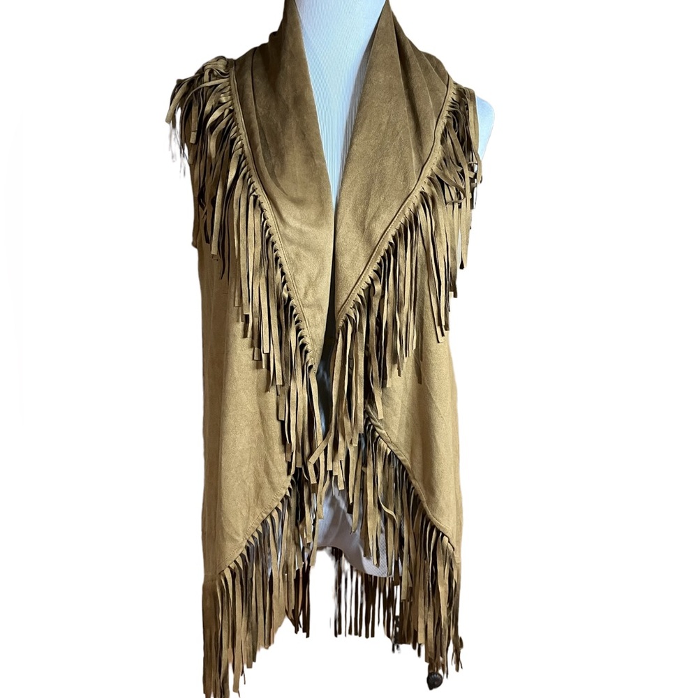 Entro Womens Faux Suede Fringe Draped Open Front Vest Camel Tan Boho J5700 Small